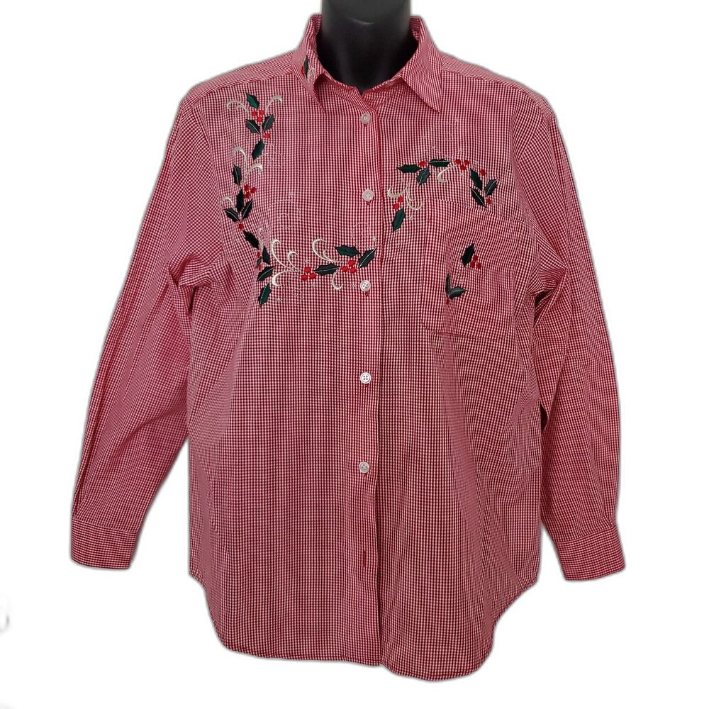 Karen Scott Christmas Embroidered Holly Berry Button-Up Shirt Sz PS Cottagecore